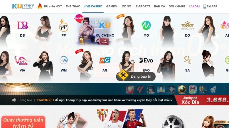 Sảnh live casino KUBET77 hợp tác với nhiều nhà phát hành game hàng đầu